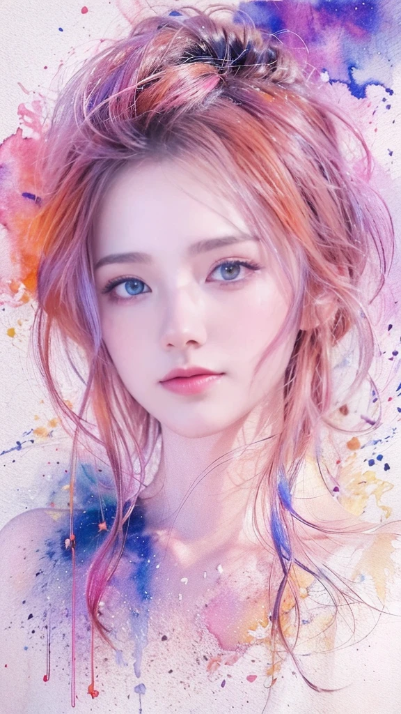 (8k, best quality, masterpiece:1.2),(best quality:1.0), (ultra highres:1.0), watercolor, a beautiful woman, shoulder, hair ribbons, by agnes cecile, half body portrait, extremely luminous bright design, pastel colors, (ink:1.3), autumn lights,