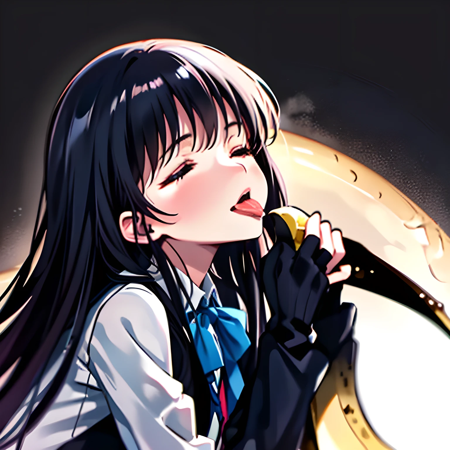 （highest quality, masterpiece, high resolution, high detail), Solo girl, Solo thin long banana coming up from the bottom, A female wearing black school uniform is facing down and kissing at the top of a long banana with her tongue with her face down, (Face down: 1.0), (Black school uniform: 1.0), Glossy atmosphere, Glossy look, Beautiful straight blue long hair, (Closed eyes with long eye-blows: 1.0), (Female kisses deeply the banana with tongue, covers it, holds it and looks at it), (The lips are touch the banana tightly), (Shot from the side), (Nothing on the black background)