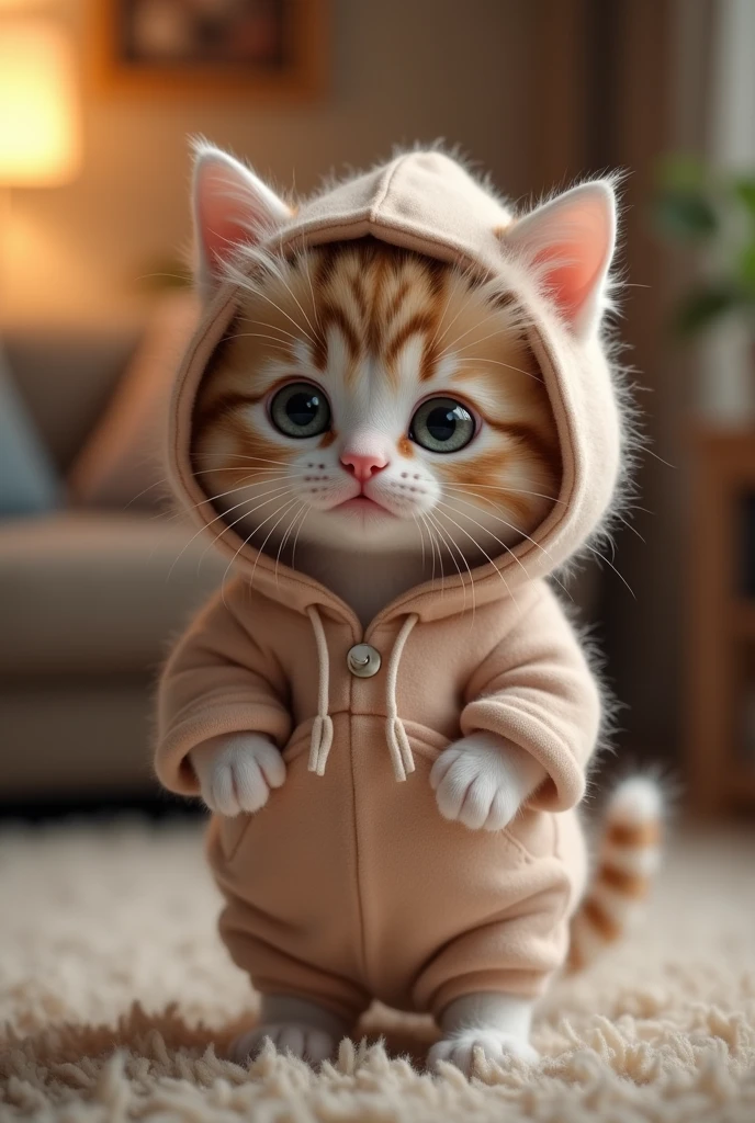 Super cute、masterpiece、Realistic munchkin kitten、Hooded clothes Cho is standing in cute clothes、Background Living Room