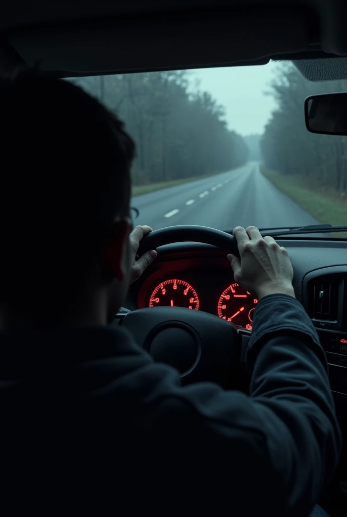 Narration/Visual: The protagonist describes the unnerving silence and the ominous atmosphere as they drive deeper into the road.Image Prompt: Inside the car, showing the protagonist’s hands gripping the steering wheel tightly, with the view of the dark road stretching out ahead. The surroundings are pitch black with no signs of life.