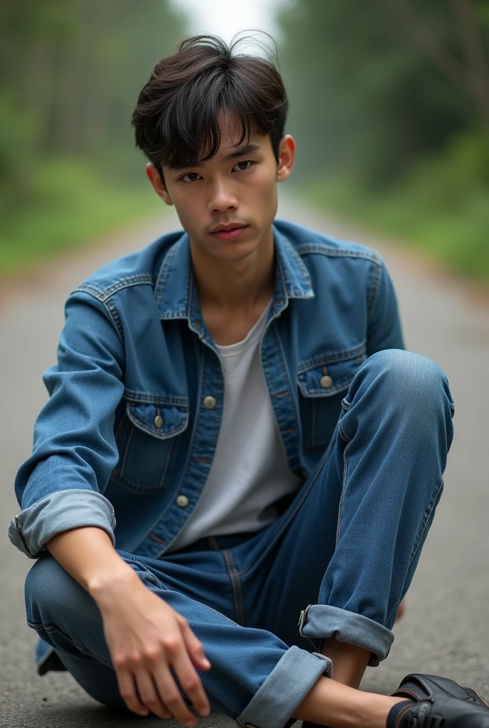 young man who was sitting on the road
(He is wearing a jean shirt and a jean long pants 