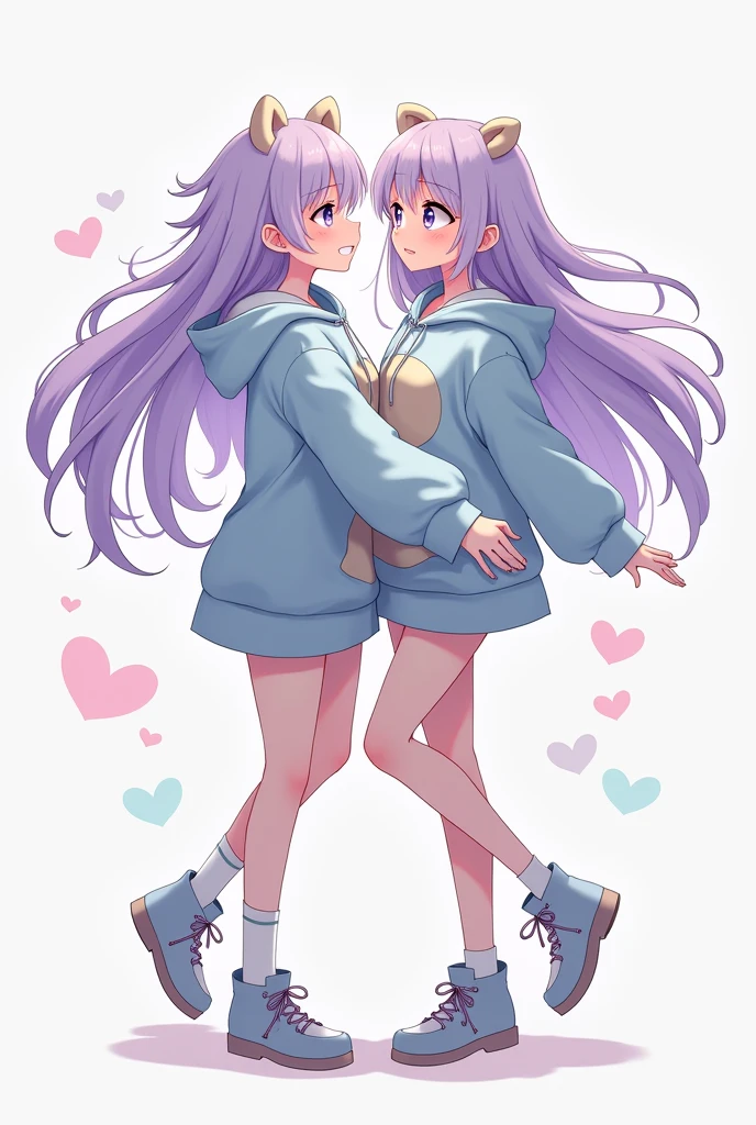 2 anime-style female girls with a teddy bear hoodie in the shade #cdabffff. They both have long hair down to their waist in the shade #cdabffff. Female number one has a dark purple shoulder strap on her right and a shoulder gap on their left with a leg belt on her left. Female number two has the same but in opposite positions. They both have silver shoes. Female number one has eyes in the shades #ab85c3ff and #6c517fff. Female number two has eyes in the shade #c385beff and #7f5178ff. Female one and two are dancing with each other.