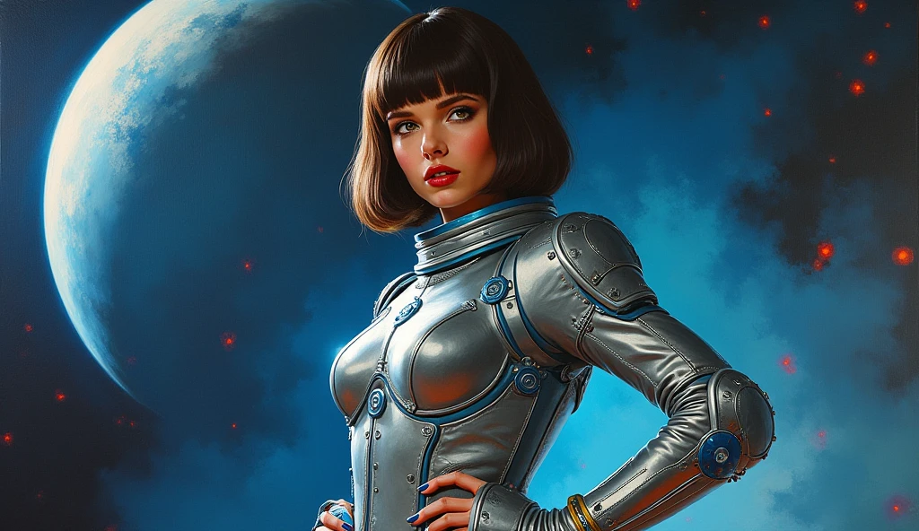 High-quality realistic acrylic art, VIVID COLORS, back point a view, a beautiful vintage european woman with brown straight hair, bangs, looking at the viewer with suspicious face and a shy smile, red lips, she wears sci-fi silver and blue metalic space suit, hands in the waist, dramatic blue red lights, in deep space with a partial planet in orbit
