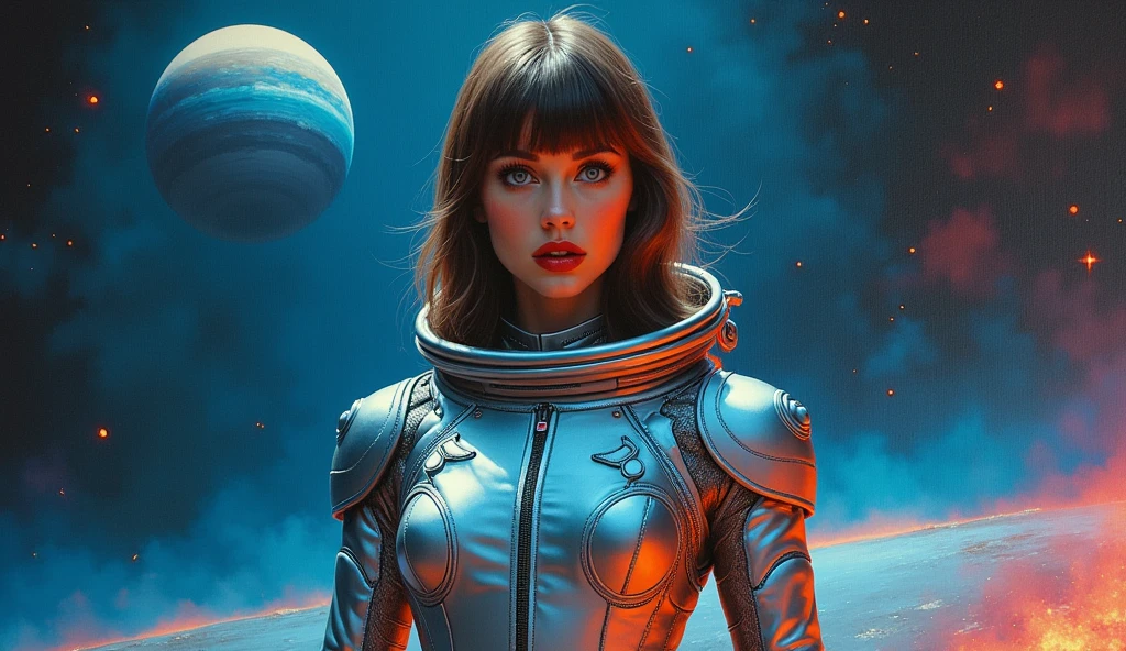 High-quality realistic acrylic art, VIVID COLORS, back point a view, a beautiful vintage european woman with brown straight hair, bangs, looking at the viewer with suspicious face and a shy smile, red lips, she wears sci-fi silver and blue metalic space suit, hands in the waist, dramatic blue red lights, in deep space with a partial planet in orbit