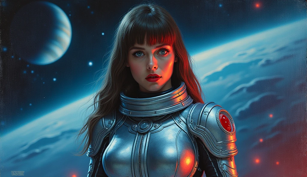High-quality realistic acrylic art, VIVID COLORS, back point a view, a beautiful vintage european woman with brown straight hair, bangs, looking at the viewer with suspicious face and a shy smile, red lips, she wears sci-fi silver and blue metalic space suit, hands in the waist, dramatic blue red lights, in deep space with a partial planet in orbit