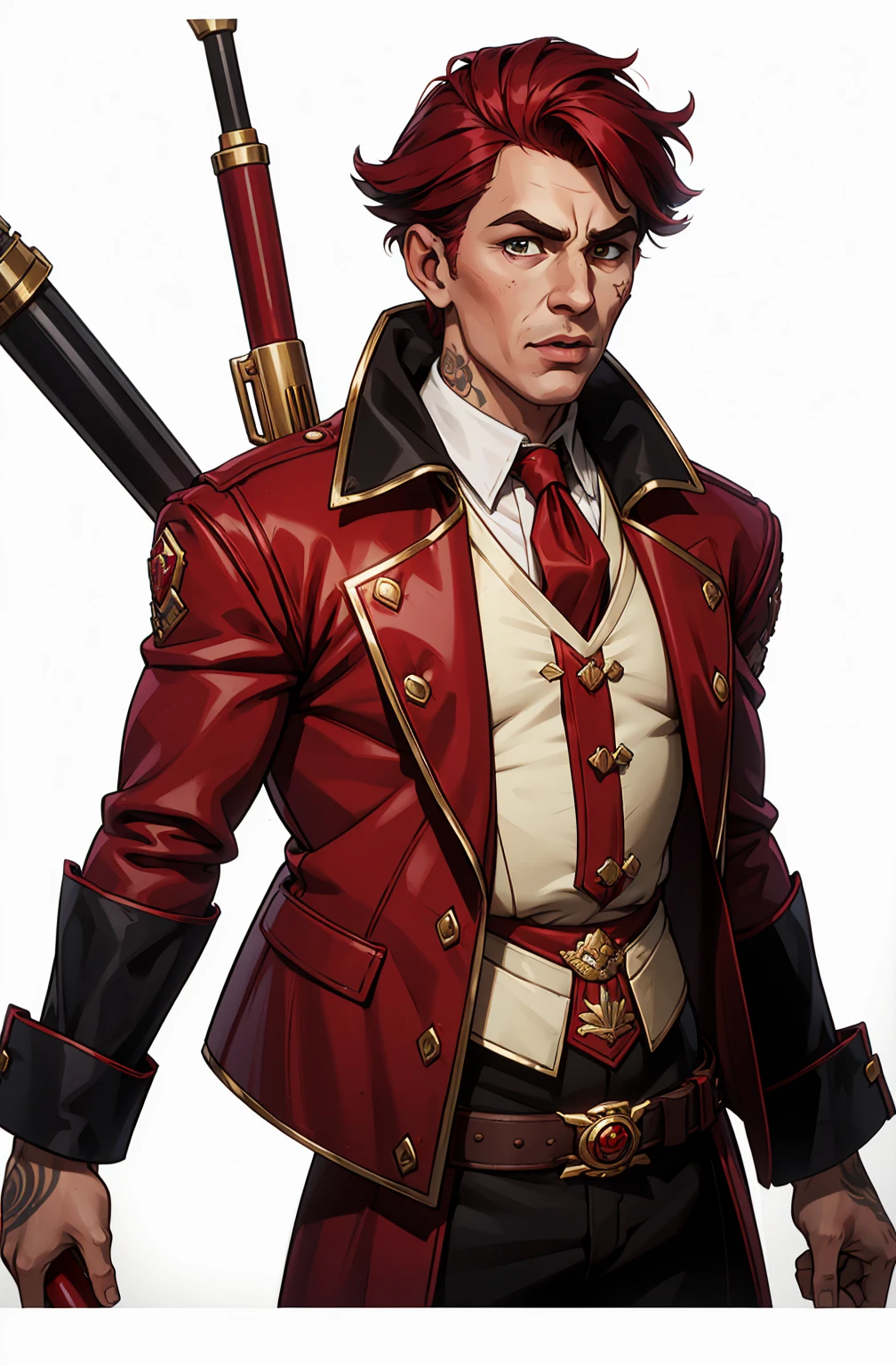 male British redcoat rifleman, with musket from the 17th century, ((upper body portrait)), wrinkled tattooed face, colored lips, plain white background, standing