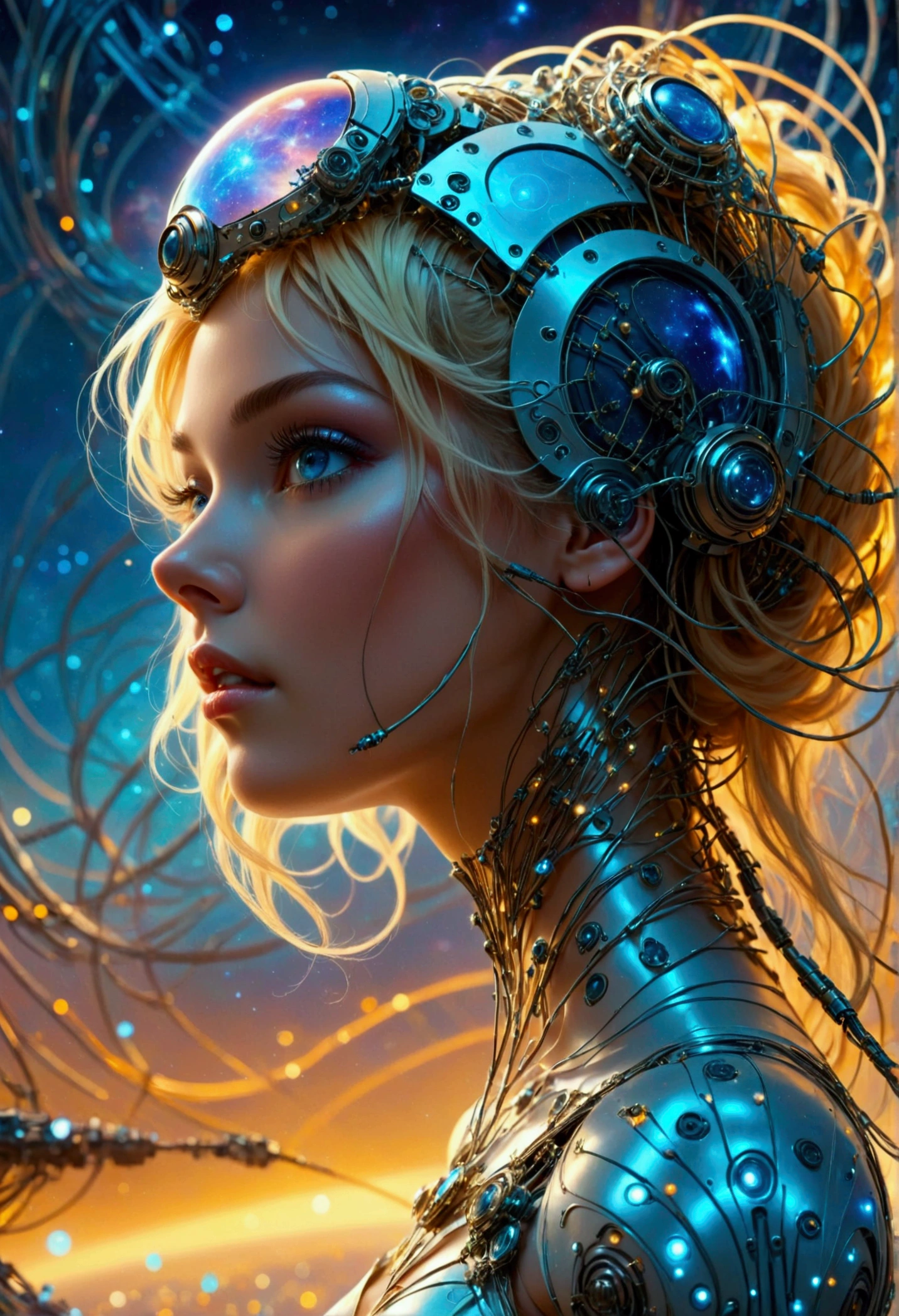 a close up of a woman with a head full of wires, karol bak uhd, beautiful digital artwork, blonde girl in a cosmic dress, 4k highly detailed digital art, digital art fantasy, digital art fantasy art, gorgeous digital art, digital fantasy art ), detailed fantasy digital art, digital fantasy art, beautiful sci fi art, cyborg goddess in cosmos