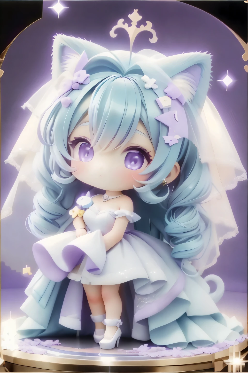 plastican00d, 1 Cat Girl, Chibi, aquamarine, Purple, wedding dress, wealthy,Looking at Viewer, Card Background