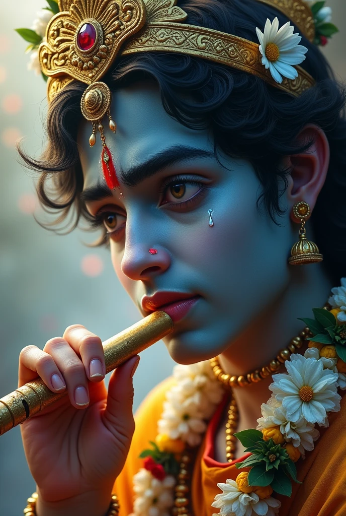 Sri Krishna with his broken flute and tears in his eye's adult Sri Krishna in heven open eyes and look orginal krishna in vrindavan and Radhe gone