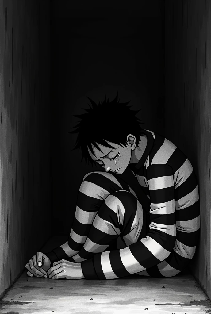 Monkey D. Luffy in a black and white striped long sleeve prison uniform with his eyes closed teary and crying inside a jail lying on the floor