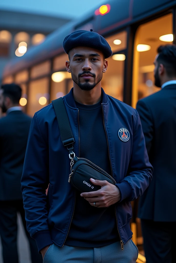 Visualize Young Muslim man with white skin, thick lips, athletic body, masculine energy and sexy, defined chin, trimmed, faded beard, short shaved hair on the sides with a fade and braids on the sides, colorful tattoo, wearing an elegant outfit with a navy blue wool beret, cazadora bomber de nailon azul marino con logo del psg, WHITE POLE, pantalón chino gris slim fit y bolso cruzado del psg, disembarking from a luxurious navy blue bus with the "psg". Inscription, VIP entrance in front of the Parc des Princes stadium, companions around. Global illumination at night, Lora style, Photoshoot, 8k