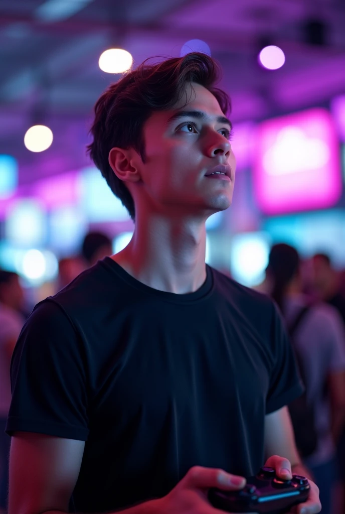 Young man standing in front holding video game controller looking to the side wearing black shirt at a video game fair with purple and blue lights