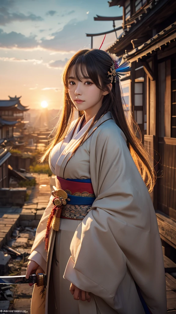 8k,Highest quality,(masterpiece:1.2),(Realistic),(Realistic:1.37),Ultra-high resolution,1 female college student,Perfect body,Perfect Fingers,Professional Lighting,Detailed face and skin texture,fine grain,RAW Photos,Long Hair,Colorful Hair,A dress like a kimono,Large Breasts,Character portrait,whole body,Feather,(舞い散るFeather),天使のFeather,,振りかざすHighest quality, Soft Light, cute, (A shy smile:0.5), (Brown eyes, Light in your eyes), Beautiful face in every detail, (Small box),break, In the ruined city,Japanese sword,