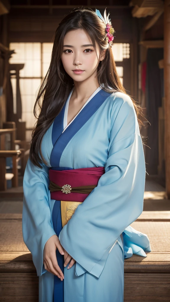 8k,Highest quality,(masterpiece:1.2),(Realistic),(Realistic:1.37),Ultra-high resolution,1 female college student,Perfect body,Perfect Fingers,Professional Lighting,Detailed face and skin texture,fine grain,RAW Photos,Long Hair,Colorful Hair,A dress like a kimono,Large Breasts,Character portrait,whole body,Feather,(舞い散るFeather),天使のFeather,,振りかざすHighest quality, Soft Light, cute, (A shy smile:0.5), (Brown eyes, Light in your eyes), Beautiful face in every detail, (Small box),break, In the ruined city,Japanese sword,