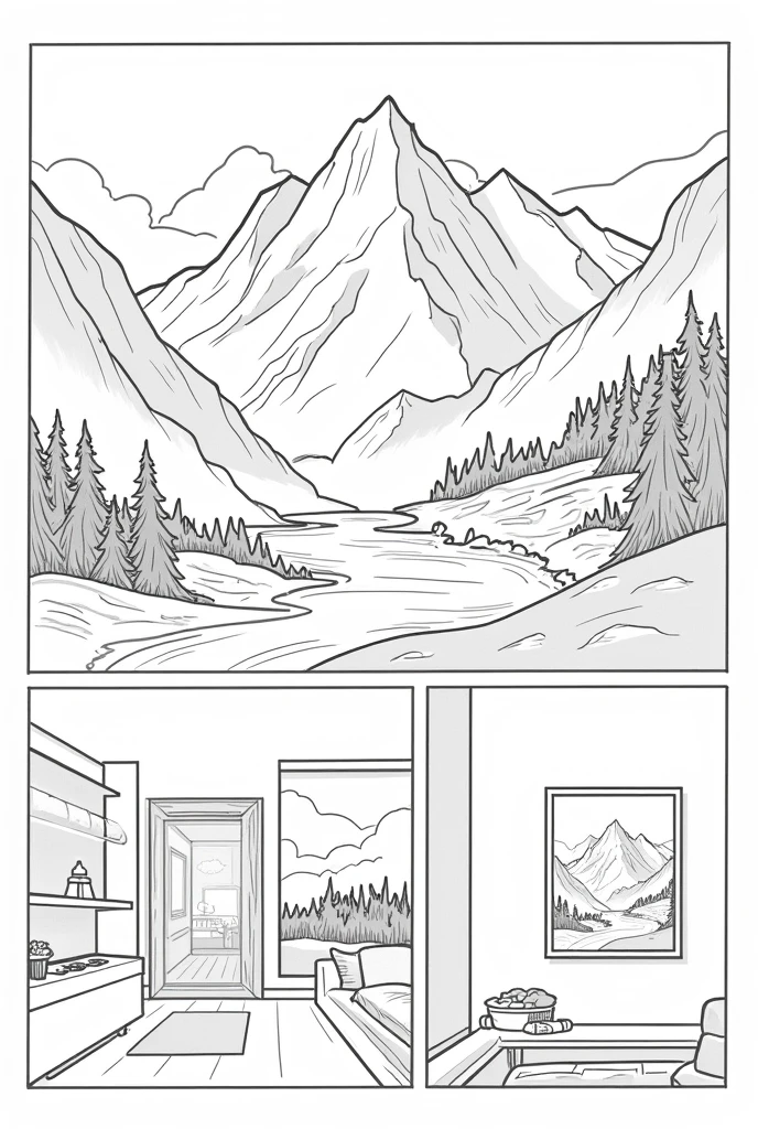 Make a comic strip:
Show a beautiful mountain landscape.
Then show the landscape on a phone camera.
Then show the picture taken framed inside a house
Make the art colorless like a coloring book