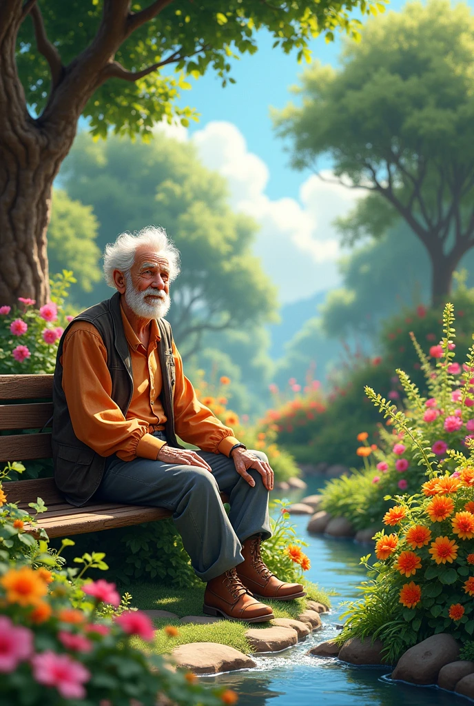 An old man in a colorful garden