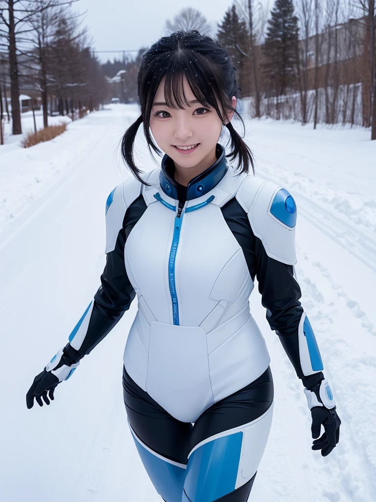 Japanese female android,Black Hair,White and blue robot suit,Plump,Walking down a country road in heavy snow,Close-up,smile,