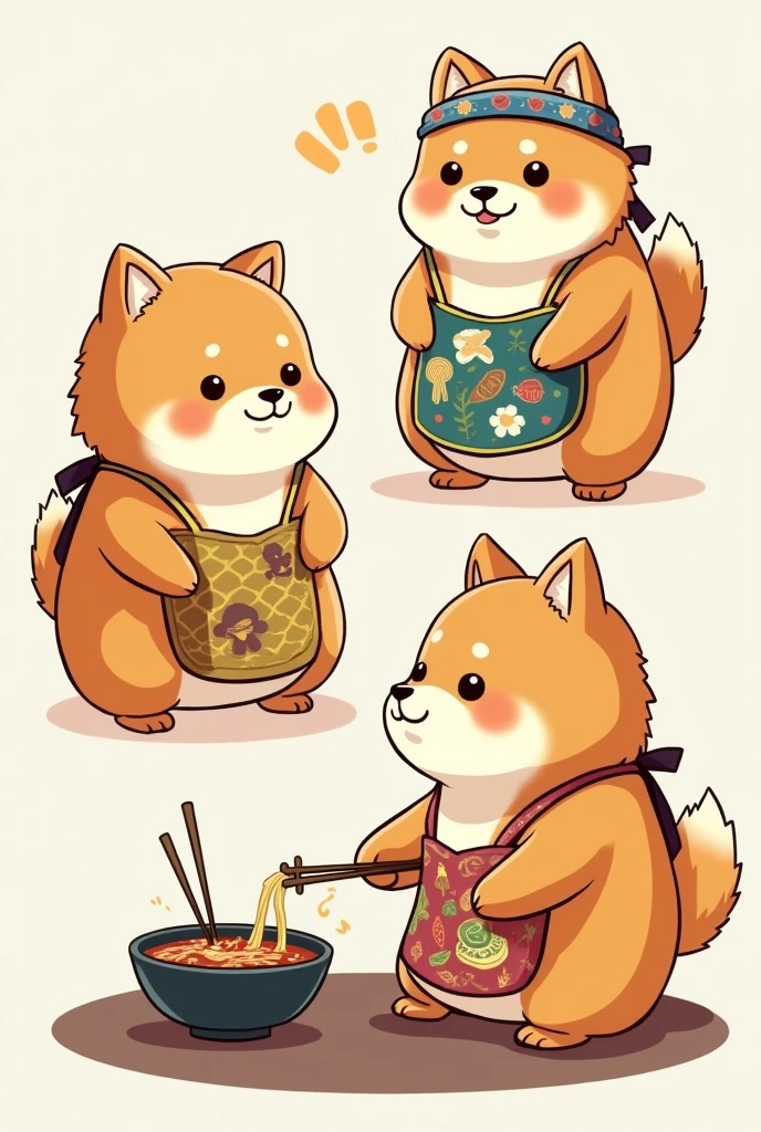 (illustration:1.2), three view drawing, furry, cute and fat Shiba Japanese ramen chef, wearing a headband on the head and an apron