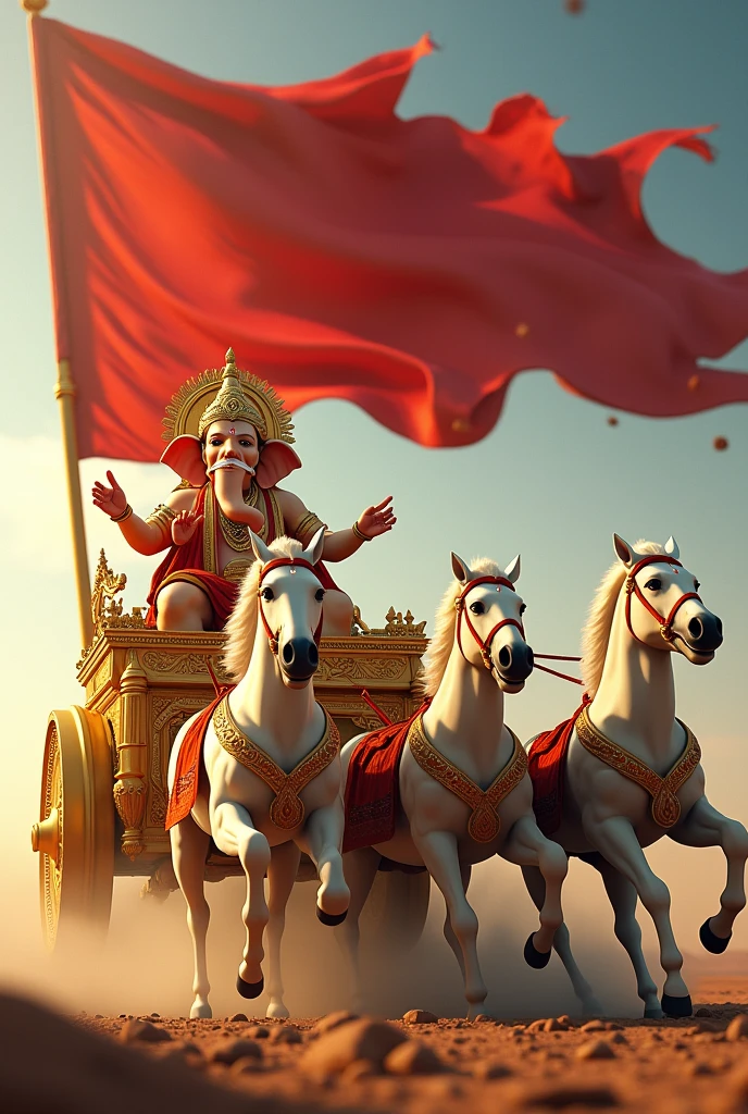 A huge golden chariot and its charioteer is lord Ganesh. Chariot has a huge golden red coloured flag wavering in the wind. Chariot is being pulled by 5 majestic horses which are white muscular 