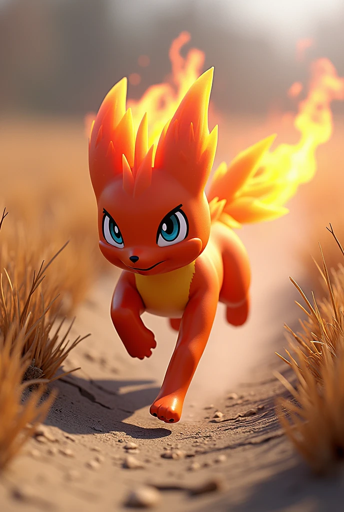 Le Pokémon Flambino court de face dans de l'herbe sèche, laissant une trace de feu derrière lui. image réaliste 3d