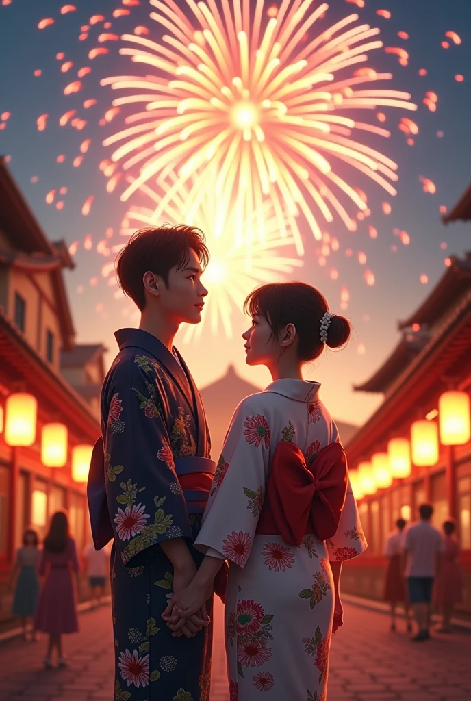 Couple watching fireworks dressed in yukata