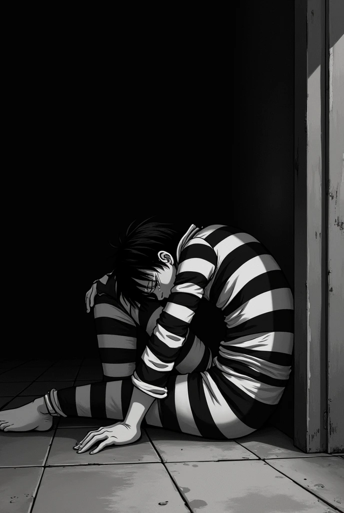 Monkey D. Luffy in a black and white striped long sleeve prison uniform with his eyes closed teary and crying inside a jail lying on the floor
