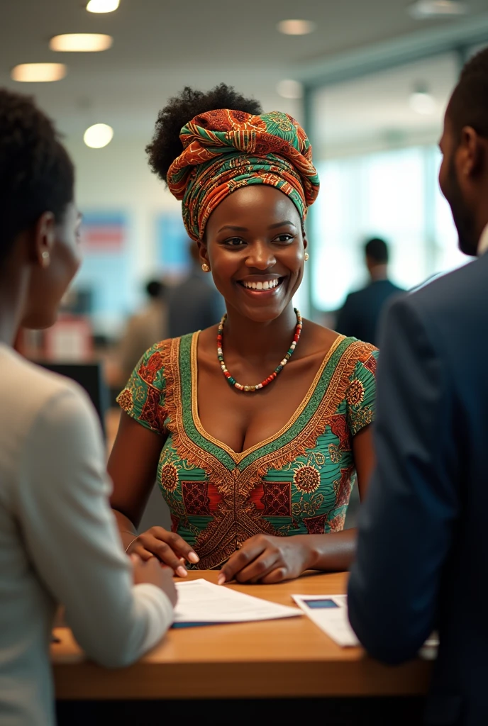 An rural african woman in a nice dress opening a bank account at a bank till. Bank ambience sjould show with the bank tellers talking to her