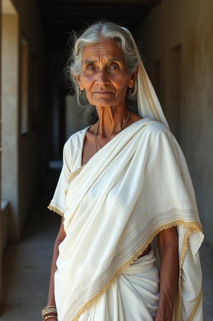 In front of him is an old woman dressed in a white sari,