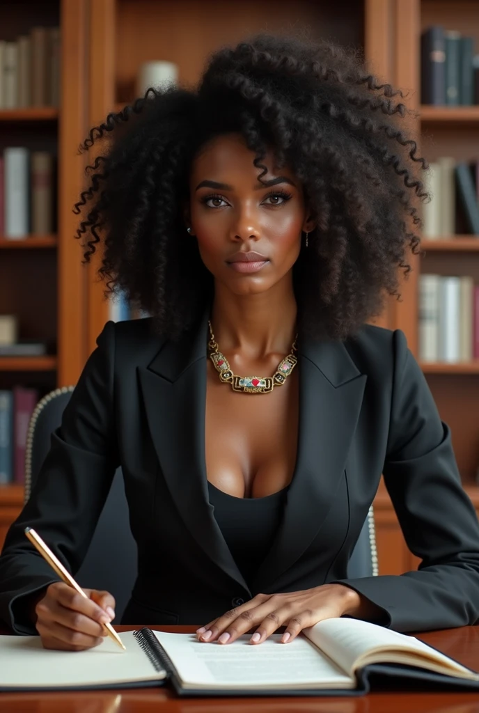 Black Woman with curly hair is in her law office working, in a serious and sexy way.