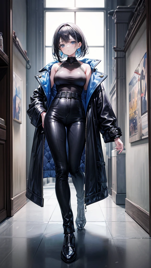 ((True best masterpiece, Ultimately perfect quality, Extremely delicate details)), A girl with black hair, Wearing a blue leather long coat, Wearing a pants, Full body