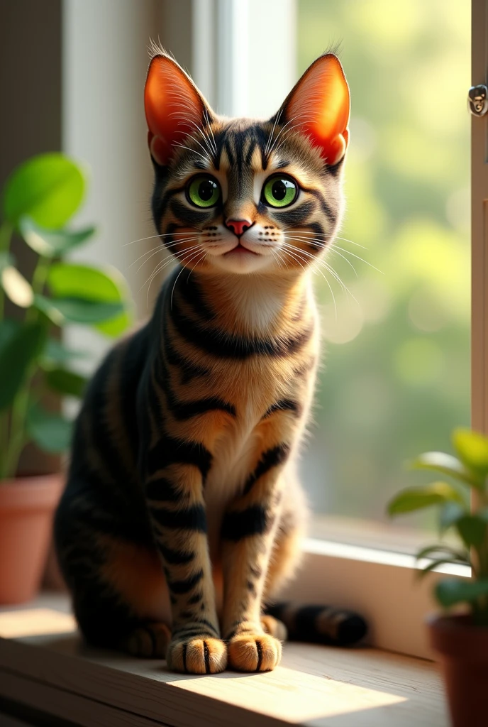 Create an ultra-realistic 3D image of a domestic cat sitting on a windowsill. The cat has sleek, shiny fur, with a mix of black and orange colors in a tabby pattern. Its eyes are bright green, reflecting the sunlight coming through the window. The whiskers are finely detailed, and the cat's ears are perked up, listening to the sounds outside. The background shows a blurred view of a garden with vibrant green plants, giving a cozy and serene atmosphere."