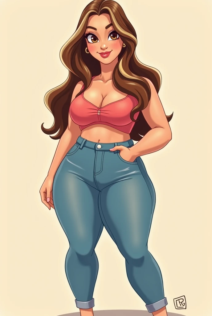 Create a cartoon image that looks like me.
light brunette, brown hair with a streak, thin blonde on each side, shorth hair, big chest big hips and big butt and thin thin waist in tight jeans
