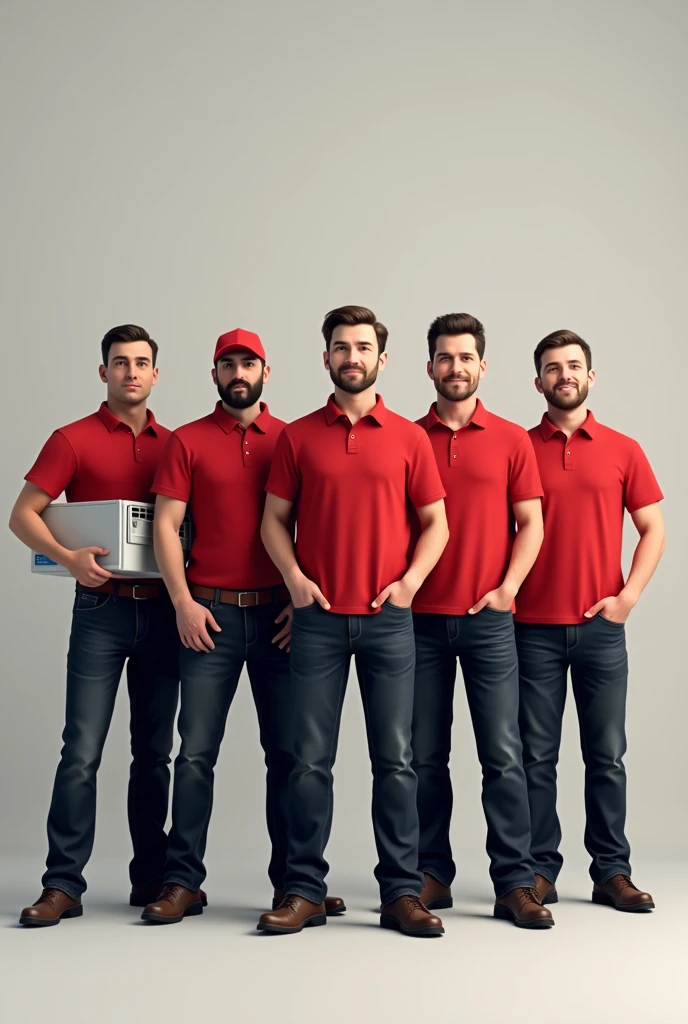 Imagine a 2D image, realisitic, showing seven professionals. Five of them are lined up next to each other, side by side on the back of the image: a hydraulic fireman, a carpenter, a residential painter, a gasman and an engineer. All five professionals are wearing red polo shirts and black jeans..
In the front row of 5, there are two more professionals, also side by side, wearing the same clothes: red t-shirt and black jeans. The professional on the left in the front is holding an air conditioner in his hands.