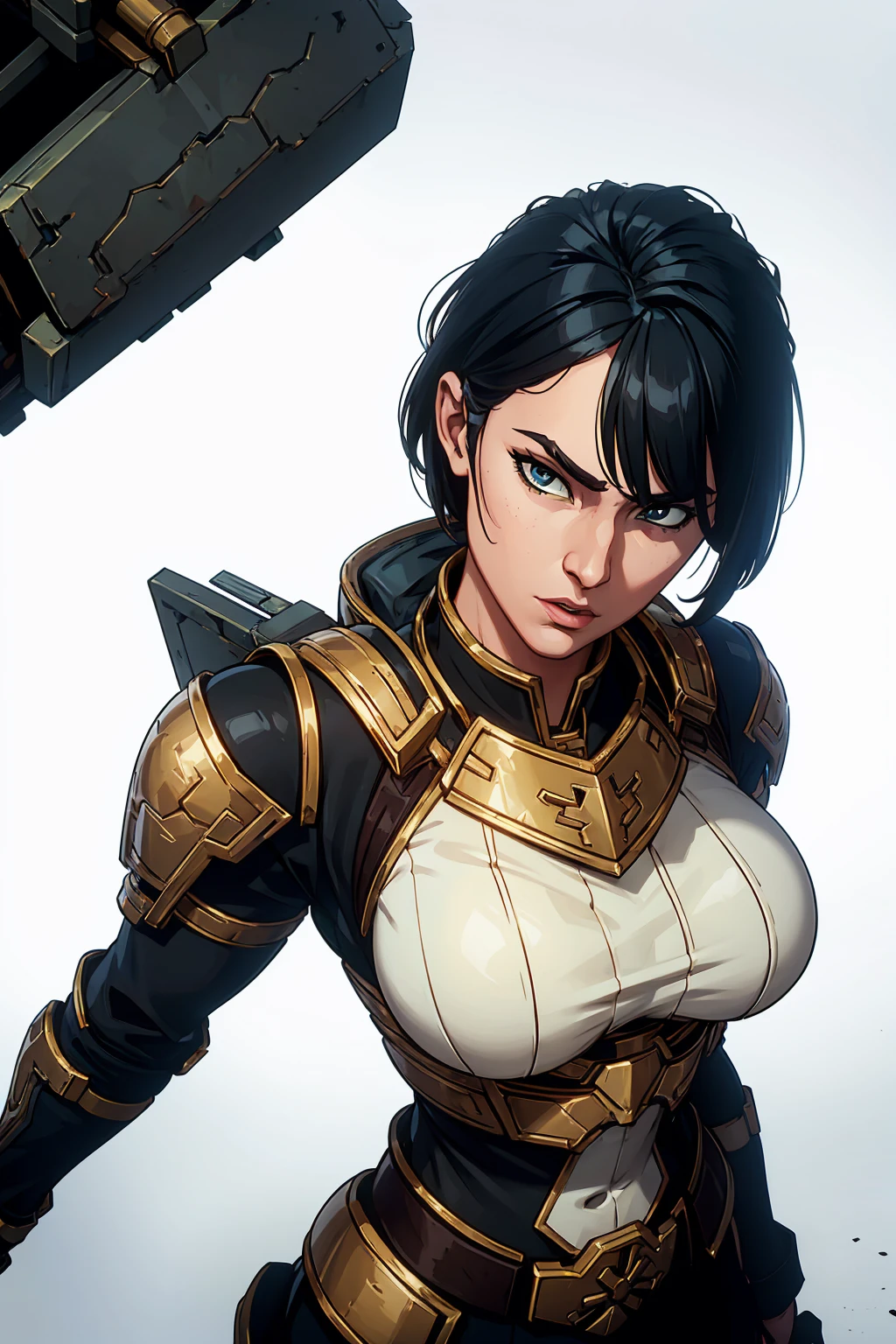 female, Massive armor wearing si-fi soldier, huge armored pauldrons, heavy breastplate, futuristic backpack, grimdark, warhammer, ((upper body portrait)), plain white background, standing