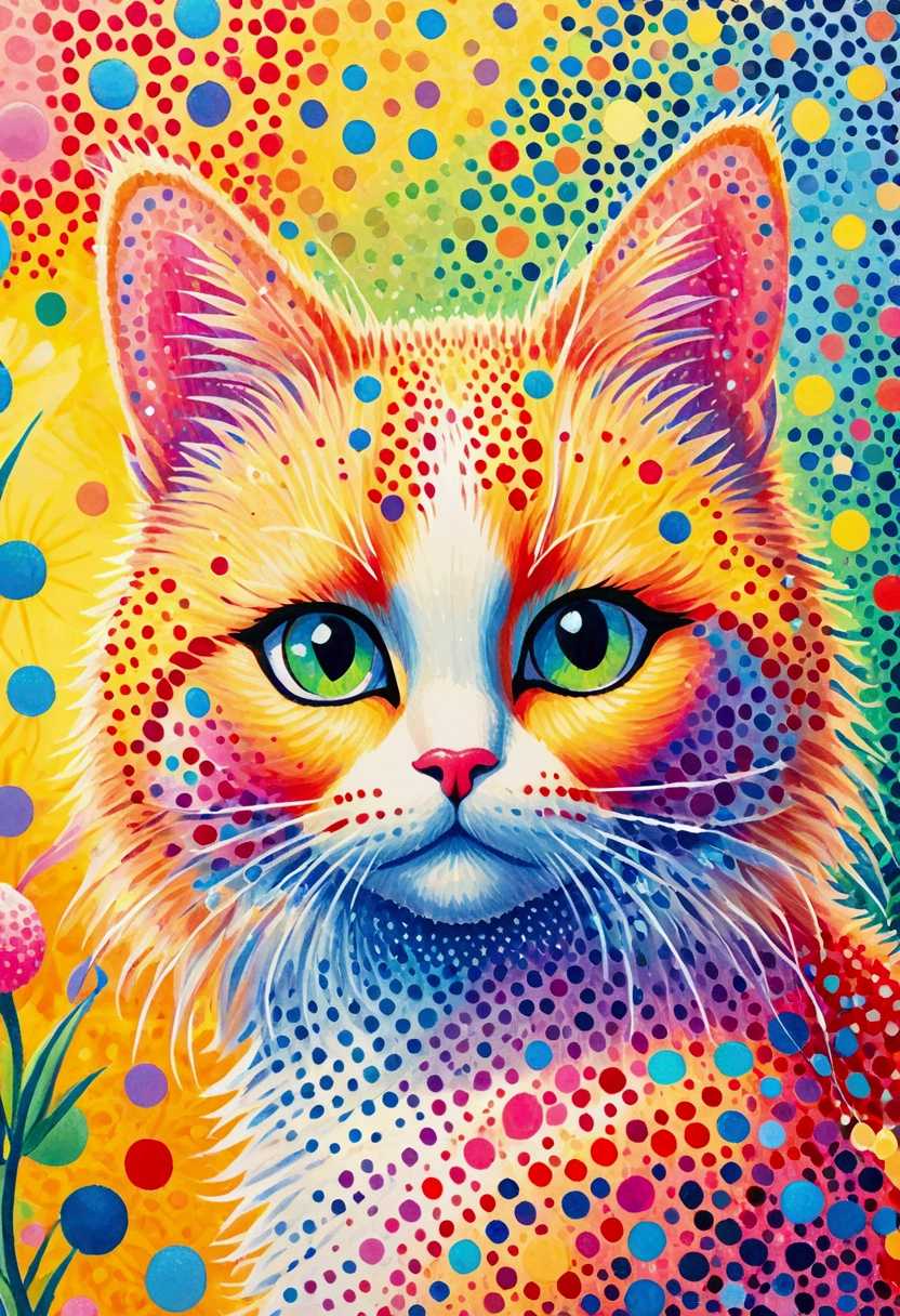 Close-up of a cat，Dot painting，There are many points on it, a Pointillism painting inspired by Louis Wain, Popular trends on pixabay, Pointillism, saturated Pointillism, cat detailed, Made up of points, A painting of a cat, Pointillism style, Pointillisme, Painted in bright watercolor, lisa frank (lisa frank) Portrait, rich and colorful!! Very detailed