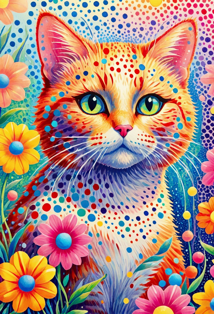 Close-up of a cat，Dot painting，There are many points on it, a Pointillism painting inspired by Louis Wain, Popular trends on pixabay, Pointillism, saturated Pointillism, cat detailed, Made up of points, A painting of a cat, Pointillism style, Pointillisme, Painted in bright watercolor, lisa frank (lisa frank) Portrait, rich and colorful!! Very detailed