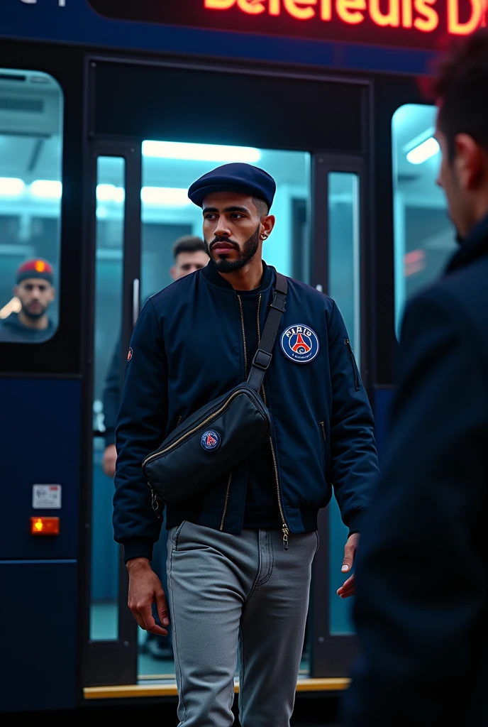 Visualize Young Muslim man with white skin, thick lips, athletic body, masculine energy and sexy, defined chin, trimmed, faded beard, short shaved hair on the sides with a fade and braids on the sides, colorful tattoo, wearing an elegant outfit with a navy blue wool beret, cazadora bomber de nailon azul marino con logo del psg, WHITE POLE, pantalón chino gris slim fit y bolso cruzado del psg, disembarking from a luxurious navy blue bus with the "psg". Inscription, VIP entrance in front of the Parc des Princes stadium, companions around. Global illumination at night, Lora style, Photoshoot, 8k