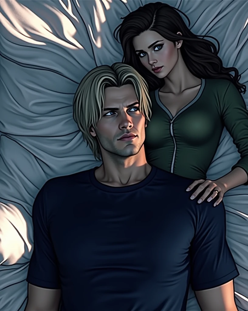 1 man, young man, 2, Leon S. Kennedy from the movie "Resident Evil 4", Eudard Badaluta's face on the man, solo, Dark blonde hair, Curtain hairstyle, navy t-shirt, lying on the bed, sporty, volumetric lighting, depth of field. 

1 woman, young woman, beautiful, curvy but slim figure, long dark brown hair, blue eyes, green dress with 3/4 zip, lying on bed.