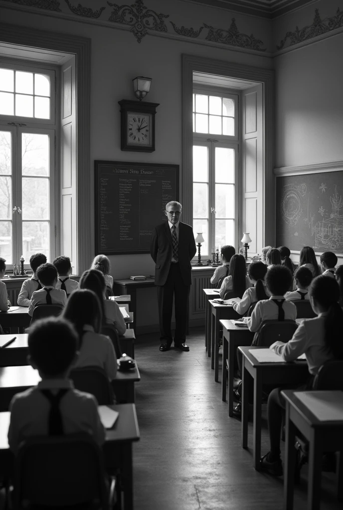 The old school where the boys study and the teacher teaches and its color is black and white in 1980 school