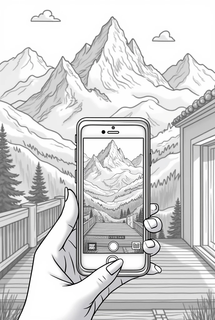 Make a comic strip:
Show a beautiful mountain landscape.
Then show the landscape on a phone camera
Then show the picture taken framed inside a house
Make the art colorless like a coloring bool