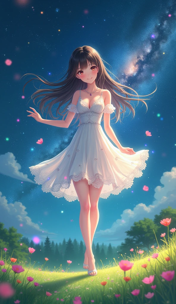 (masterpiece、Highest quality、8k、High resolution)、1 female、Beautiful eyes with slit length、Cute lips、Beautiful Nose、Brownish black hair、smile、(Best anime girl)、Green grassland with forest view、Walking,(Barefoot, off the ground, flying high, high, high, flying and running),Fantasy art,Colorful flowers blooming in the field,A bright night with the stars clearly visible、milky way、(Mysterious light particles from the whole body、Colorful light particles)、jewelry、necklace、White lace dress、(Beautiful full body style)、Highly detailed anime art、A complete portrayal、