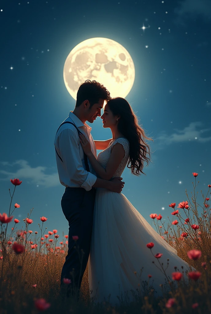slow dancing in the dark, . with wildflowers in the foreground, under a fullmoon starry sky, with excessive realistic textures, stunning true colors, vivid cinematic shadows, best quality photography, masterpiece in resolution 4320x7680 sharping 8k res