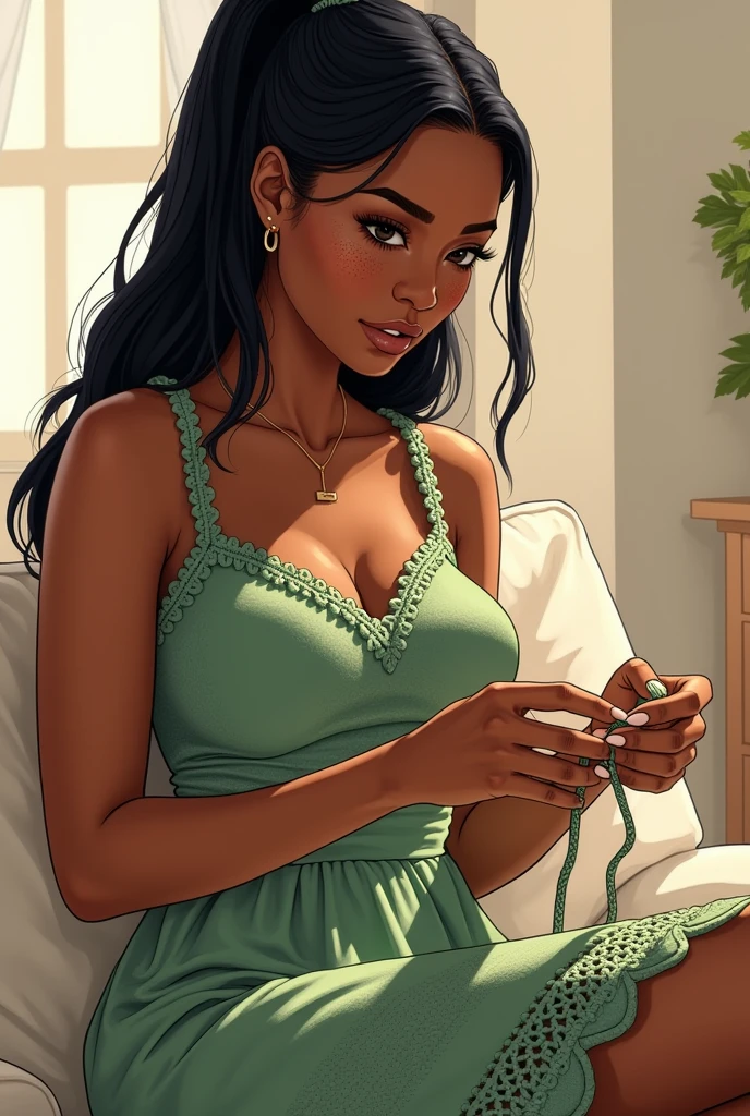 An avatar in drawing for Instagram of a black woman with straight hair and completely tied to the side and big eyes and a little pulled with freckles on her face and with thick lips., medium breasts, wearing a green crochet dress that goes down to her knees, sitting and crocheting.