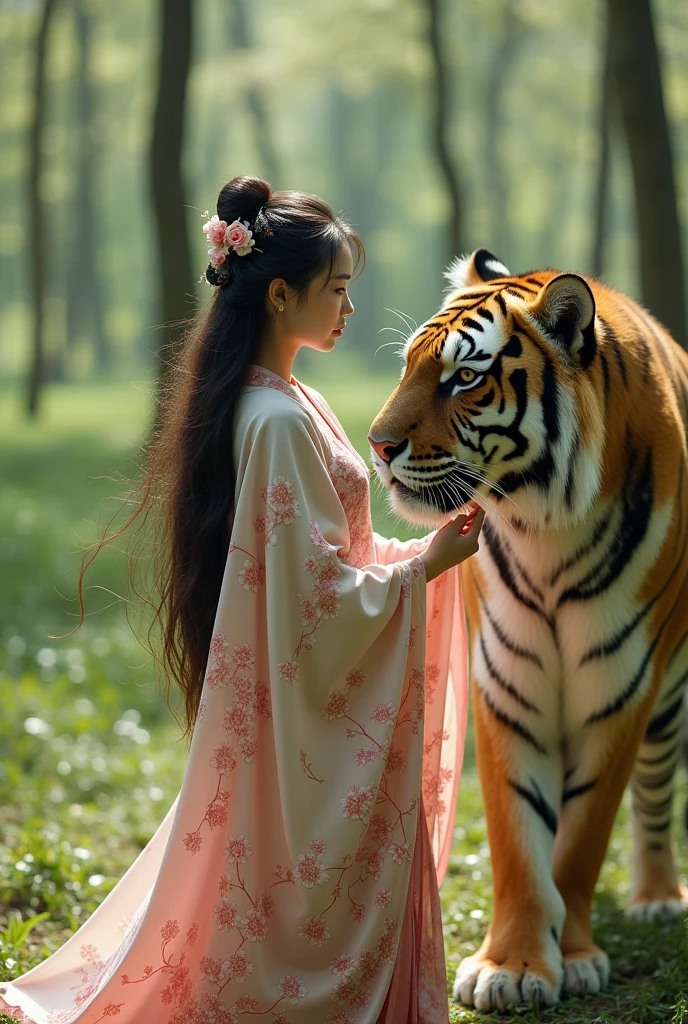 creates a realistic image, a beautiful Asian woman with long flowing hair wearing a long-sleeved Japanese dress with detailed images of yaezakura flowers in certain parts of each piece of the dress, the part of the dress looks complicated but very elegant, the dress is white with the top of the neck of the dress black and the cuffs are white with a mixture of colors, the dress is very complicated but cool, the bottom of the dress reaches the ground, the dress is charming with its beauty, so enchanting with real beauty, a super big tiger beside the woman, and the woman is stroking it with soft, very realistic, background of a peaceful forest in spring in Japan, realistic, cinematic, photographic