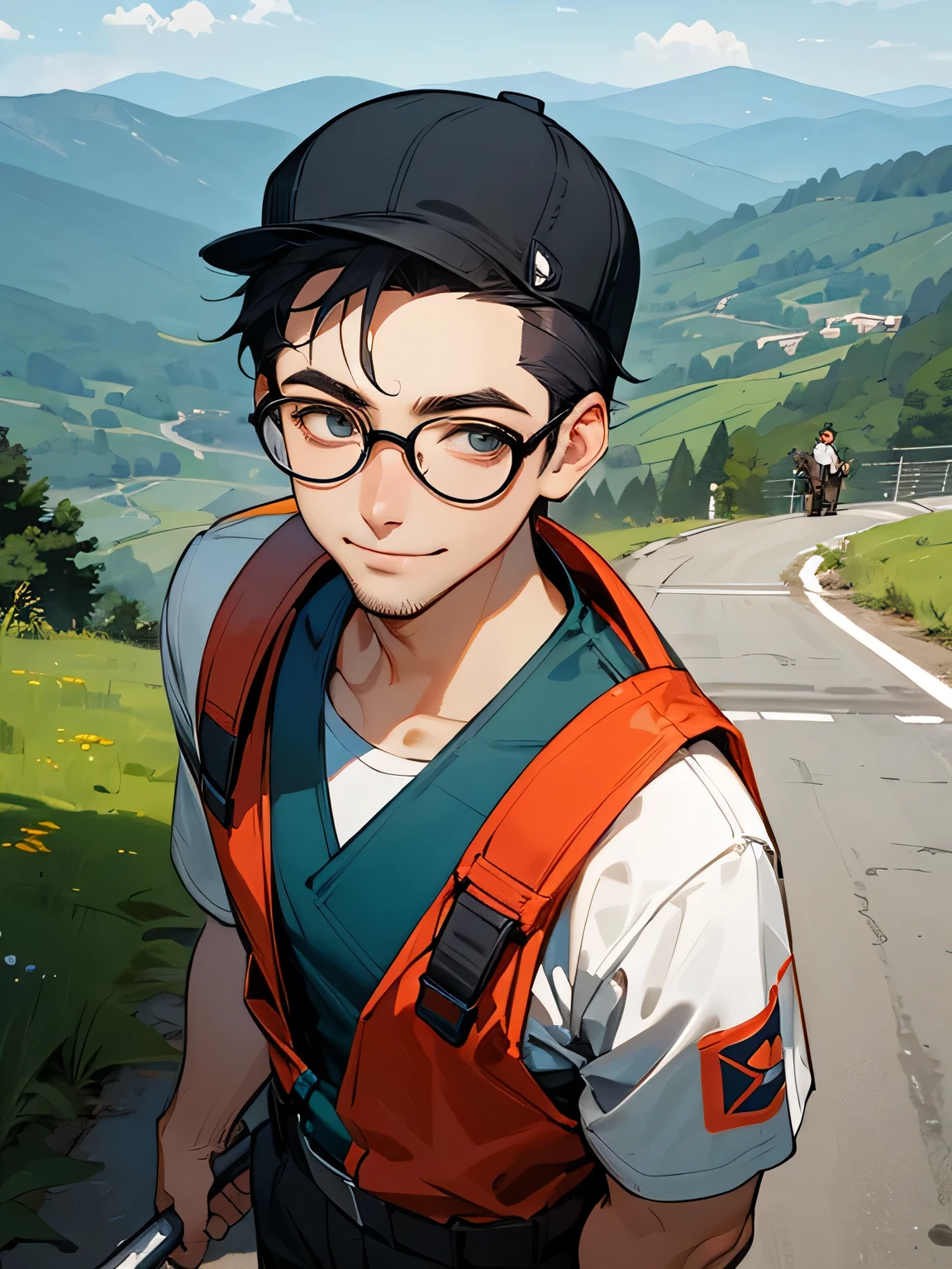 from above:1.3,solo,looking at viewer:1.2, 40years old man, short hair, block cut, backcut,cap hat, trekking style outfit, trekking cane, glasses, smile, backpack,Men's eyes, men's noses,トレッキング、 men's mouths, mountain roads, forests,