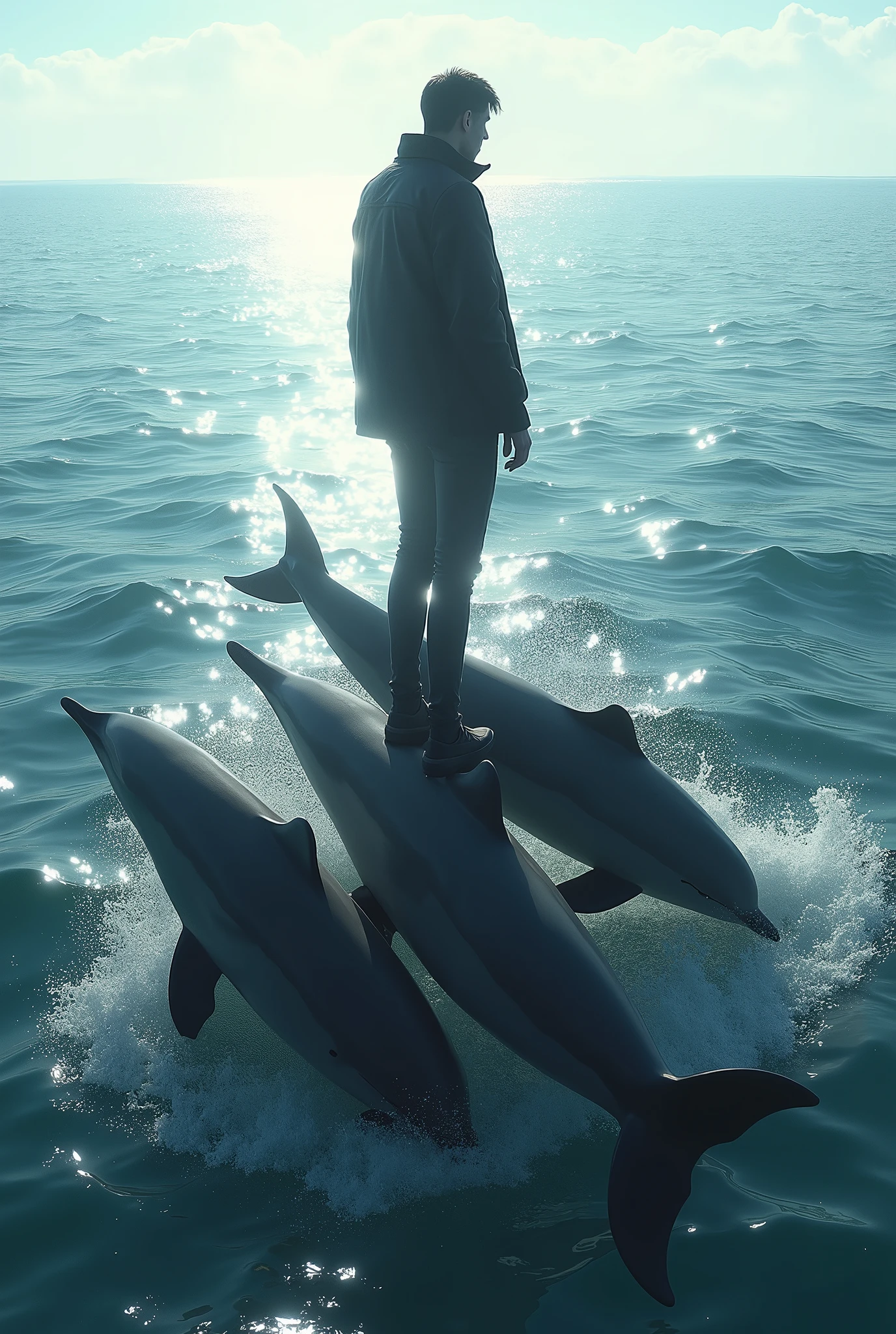 A human stand on dolphins wear black jacket