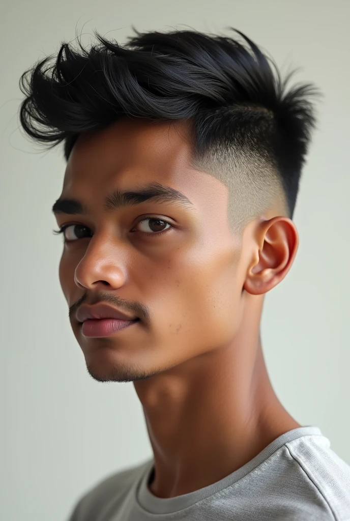 Create a image of a indian male student with diamond face shape in crew cut hairstyle
Side and front both faces in one frame