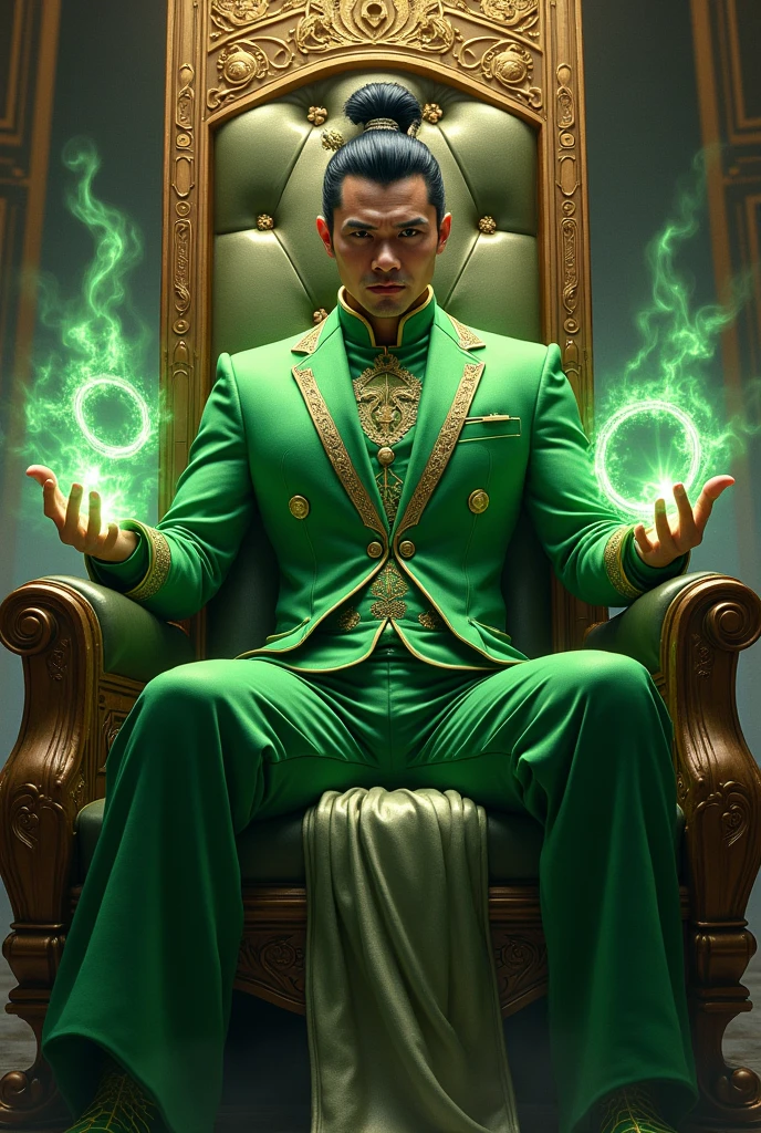 Man who has superpowers and a green suit sitting on a chair with a royal face and having monkey king stick and Sang chi rings