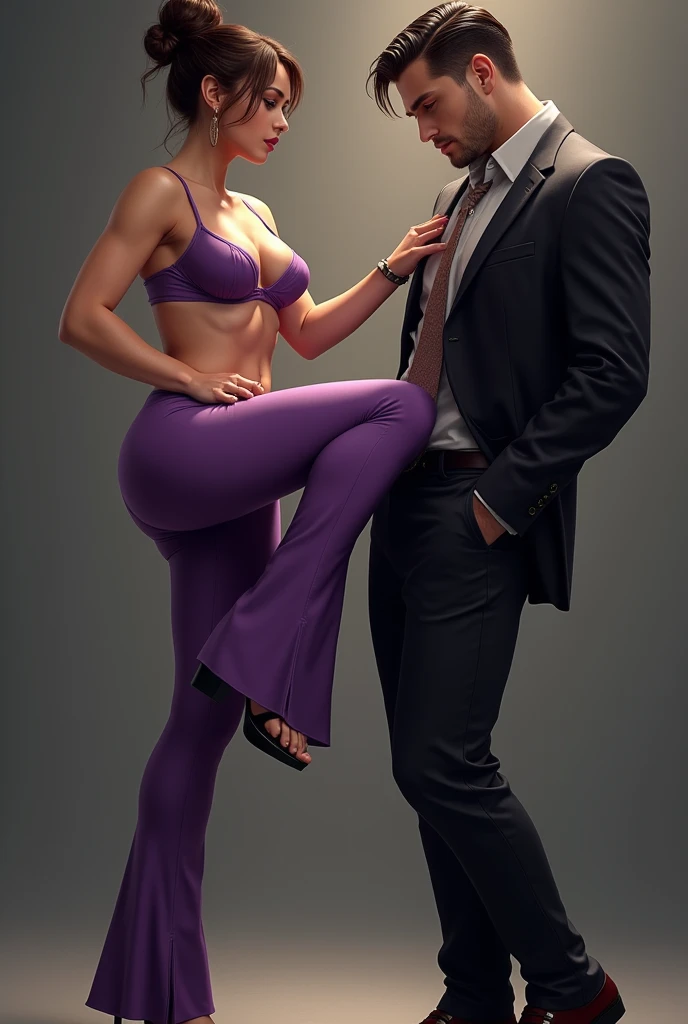 Dominant Mistress,brown bun hairs, wearing purple boot-cut pants, wearing purple underwear, wearing black home sandals,mistress shouting against man,man wearing suit,man prostrating against mistress