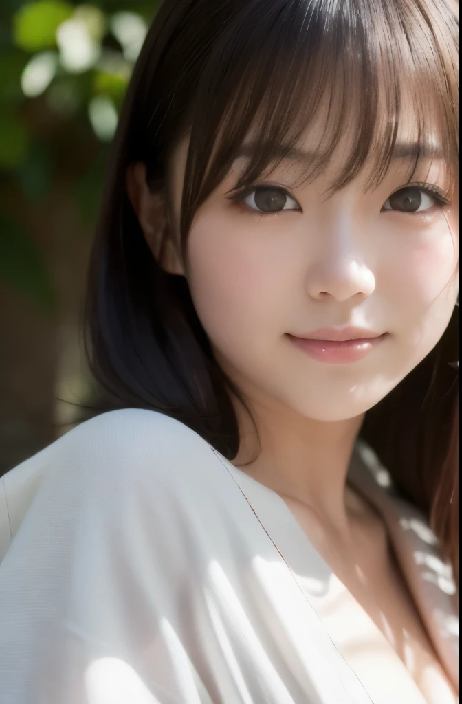 best quality, face focus, soft light, ultra high res, (photorealistic:1.4), RAW photo,(Shinozaki Ai), (fair skin),
1 Japanese girl, solo, cute, smile, (pupil, lights in the eyes),  detailed beautiful face, Medium-sized breasts,(high resolution detail of human skin texture),long hair,(portrait), upper body, Japanese white kimono